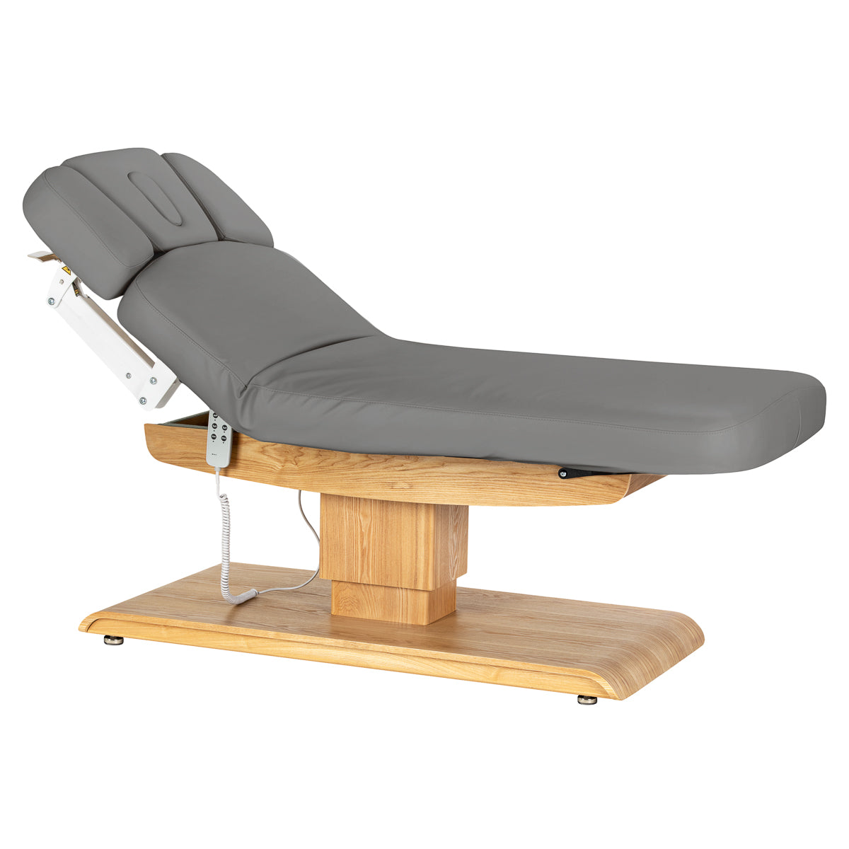 lettino-elettrico-sillon-relax-grigio-vista-laterale-schienale-sollevato-cuscino-foro-facciale