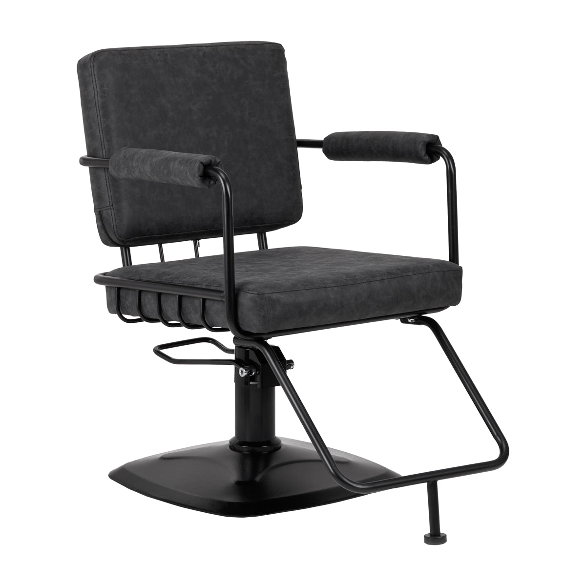 Poltrona da parrucchiere Gabbiano Katania Loft in nero con base quadrata e braccioli imbottiti