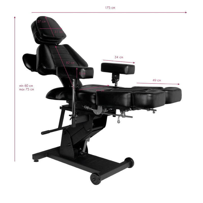 Poltrona tattoo Pro Ink 606 vista laterale, schienale reclinabile