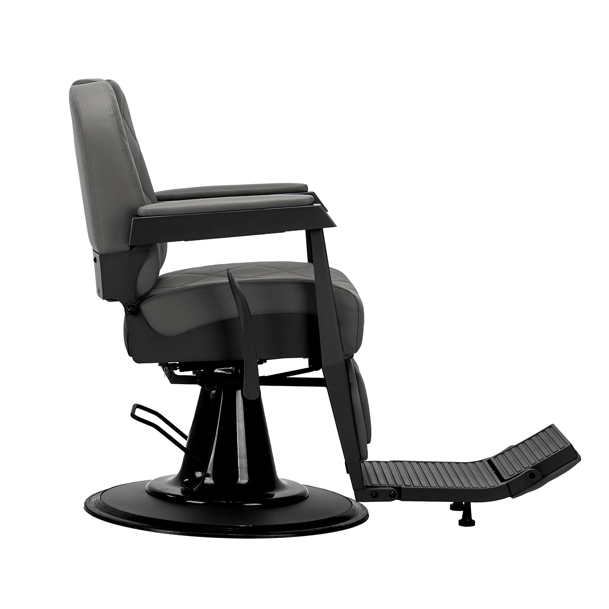 Poltrona barbiere grigia ergonomica con base rotonda nera e meccanismo di regolazione altezza sedile da 56 a 68 cm