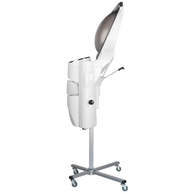 Sauna professionale per capelli con ozono attivo su supporto regolabile, colore bianco – vista frontale