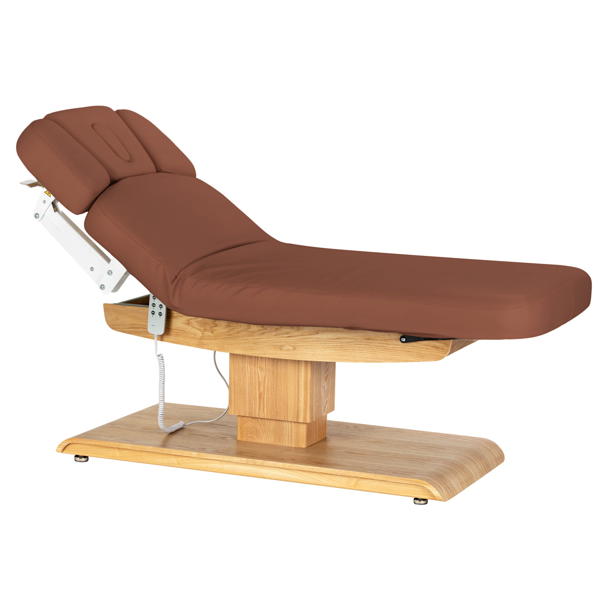 lettino-elettrico-sillon-relax-marrone-vista-laterale-schienale-sollevato-cuscino-foro-facciale